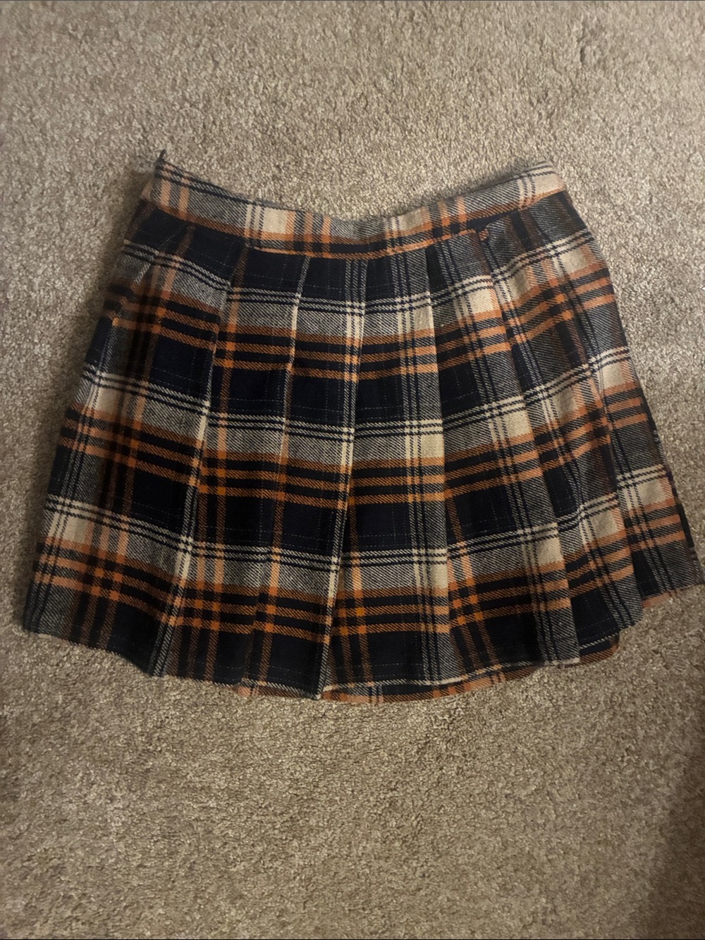 Forever 21 Navy, Tan & Cream Plaid Pleated Skater Skirt